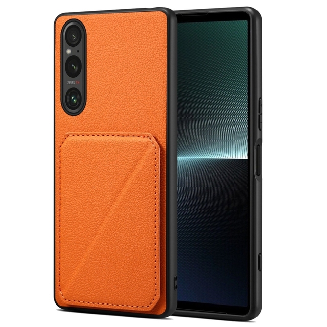 High Quality for Sony Xperia 1 V Denior Imitation Calf Leather Back Phone Case with Holder(Orange)