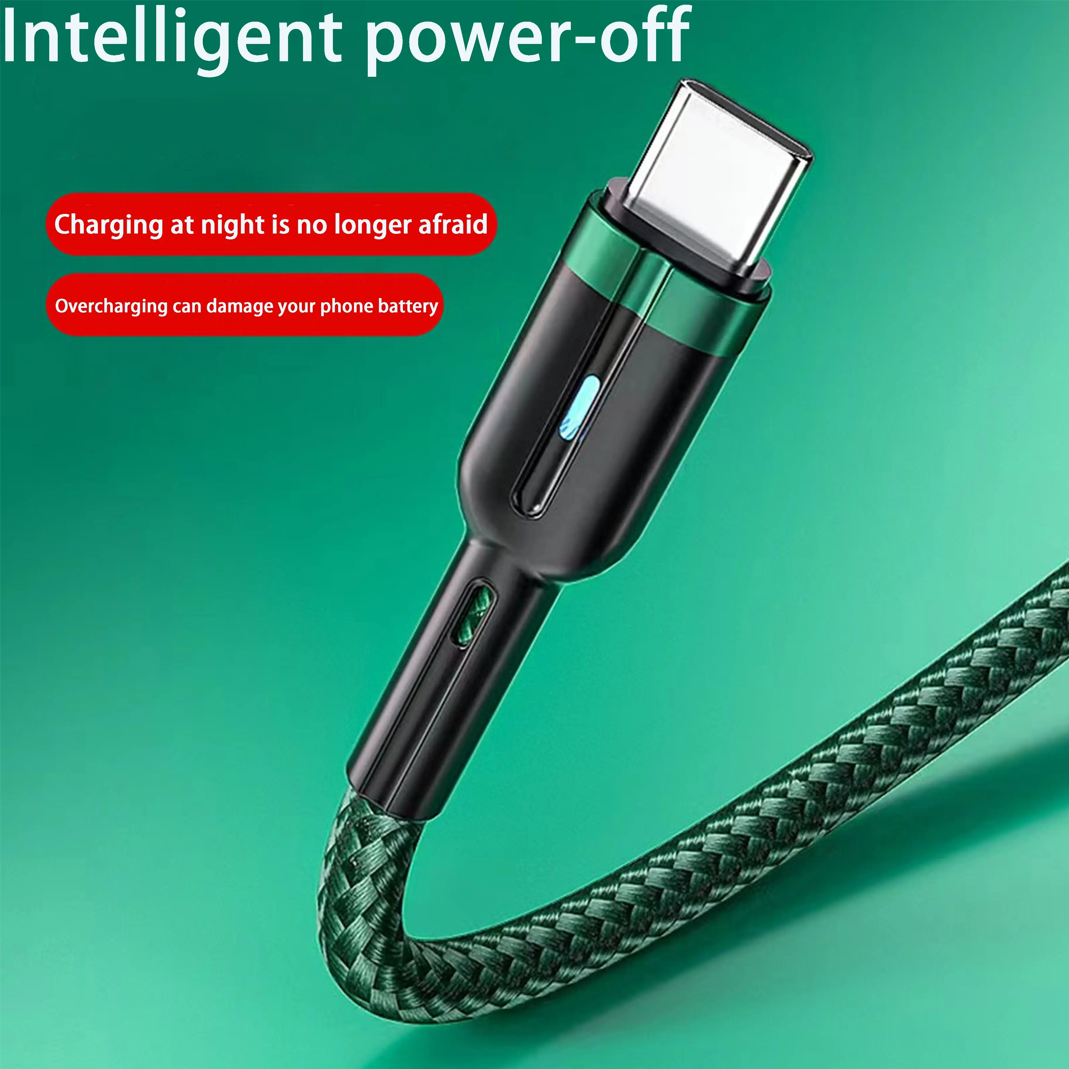 Green 1.2m Smart USB Type C Cord Power off Fast Charging Data Cable with Light Assembly Protection for Electronic Devices