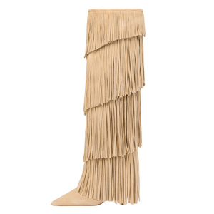 Big Size 46 Women High Slim Heels Long Booties Layers Tassels Suede Knee High <b>Boots</b> Pointed Toe Wide Fit Shoes - Product Image 5