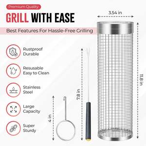 สแตนเลสบาร์บีคิวย่างทําอาหารตะกร้าแร็คบาร์บีคิวย่างบาร์บีคิวกระบอกกลิ้งตะกร้าสําหรับย่างเนื้อพร้อมตู้น้ํามัน - Product Image 2
