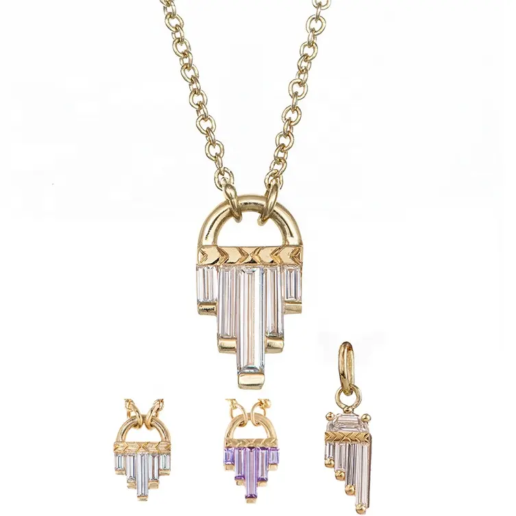 14k 18k Gold Plated Vermeil 925 Sterling Silver Art Deco Diamond Necklace Baguette Asscher Cut Diamond Stone Necklace Crystal