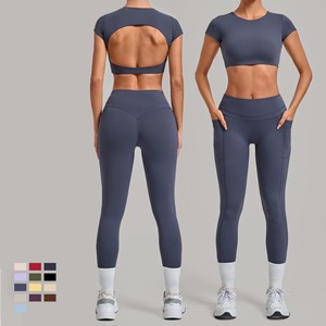 Ensemble de <span class=keywords><strong>yoga</strong></span> 2 pièces YIYI : Haut de <span class=keywords><strong>yoga</strong></span> à col rond et dos nu, Leggings taille haute effet push-up avec double poche latérale – Tenue de sport et fitness - Product Image 1