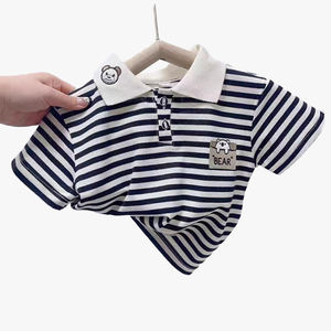 Camiseta Polo de Manga Corta para Niños, Verano, Linda Camiseta con Cuello, Informal, Tejida, con Rayas Bordadas - Product Image 2