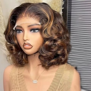 Perruques Courtes Bob Bouclées Personnalisées avec Mèches Colorées, <span class=keywords><strong>Cheveux</strong></span> Humains, Densité 200%, Ondulations Souples, Perruques Courtes Lace Front en <span class=keywords><strong>Cheveux</strong></span> Humains - Product Image 1