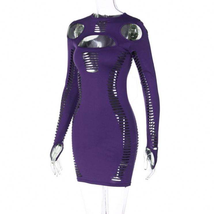 202537462 Long Sleeve Hollow Dress Low Cut Girls Sexy Party Wear Black  Dress Mini Slim Fit Dress