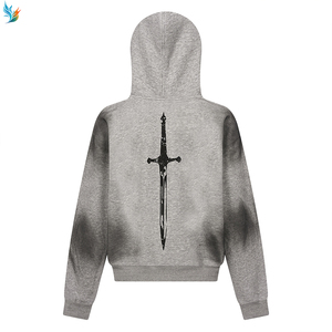 เสื้อโค้ทขนสัตว์ลายกราฟิกสไตล์เทพนิยายสีเทาเข้ม แจ็คเก็ตมีฮู้ดแบบซิปเต็มตัว ย้อมสีแบบวินเทจ - Product Image 2
