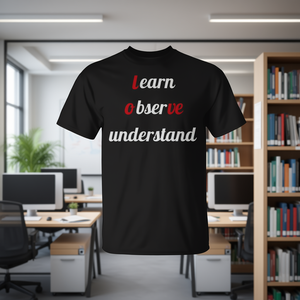 Camiseta promocional Learn Observe Understand para adultos, unisex, negra - Product Image 3