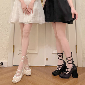 Zapatos de Tacón Alto Estilo Ballet, Tacones Gruesos Estilo Mary <span class=keywords><strong>Jane</strong></span> con Tiras Cruzadas, Satén Francés con Lazo, Estilo Loli - Product Image 4