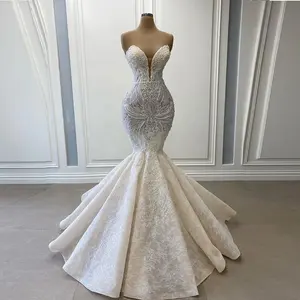 Luxe Perles Dentelle Robe De Mariée Style Sirène Sans Manches Champagne Couleur Étage Longueur Robes De Mariée