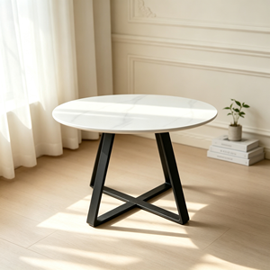 Table basse moderne ronde en pierre frittée, plateau aspect marbre blanc, pieds en métal noir, table centrale pour salon, mobilier d'hôtel - Product Image 2