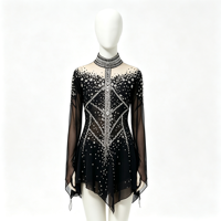 Robe de patinage artistique noire à strass, col montant, dos évidé, manches longues, en maille, pour compétition de patinage sur glace, personnalisable