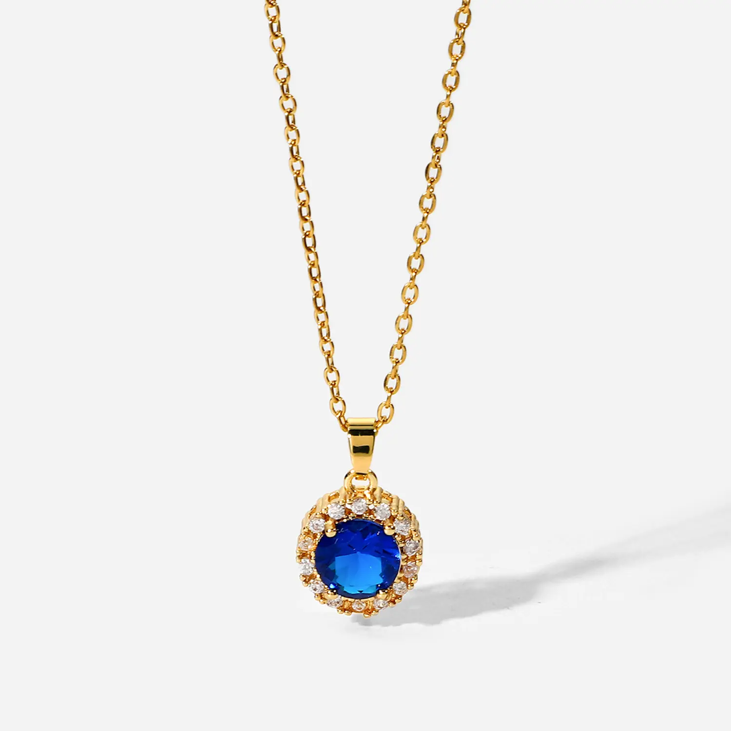 18K Gold Plated Stainless Steel Klein Blue Round Cubic Zircon Pendant Necklace Jewellery For Women Tarnish Free Necklace