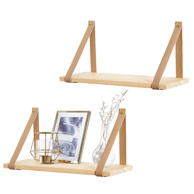 Minimalist Modern Storage Shelves Leather Strap Floating Wall Mount Shelf Wood