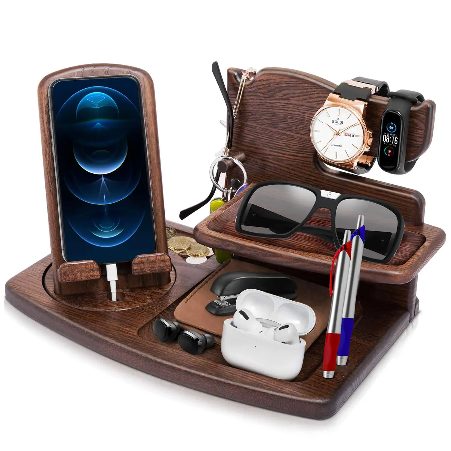 Wood Docking Station Gifts for Men Bedside Organiser for Him Mens Birthday Gifts for Him Watch Wallet Stand for Men Valentines