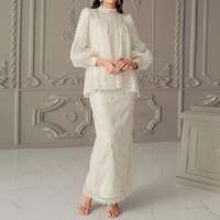 Neuankömmling Muslim Dress Set Damen bekleidung 2-teiliger Abaya-Anzug Hari Raya Puff ärmel Eid Malaysia Baju Kurung Islamische Kleidung