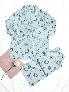 Conjunto de pijamas estampados en stock, pijamas de seda satinada para mujer, pijamas finos de manga larga para mujer