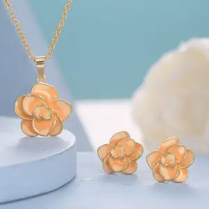 Gold Plated Enamel Rose Flower Necklace Earring Jewelry Sets Gift For Women