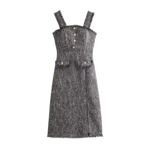 Summer New Button Style Shoulder Strap Grey Front Split Casual Fashion Women's Tweed Strap Dress