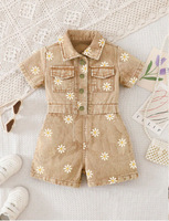 Combinaison en jean décontractée pour filles 2026, à manches courtes, col à revers, taille ornée de perles et de fleurs, en tissu peigné imprimé