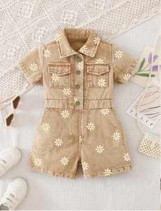 <span class=keywords><strong>Combinaison</strong></span> en jean décontractée pour filles 2026, à manches courtes, col à revers, taille ornée de perles et de fleurs, en tissu peigné imprimé - Product Image 3