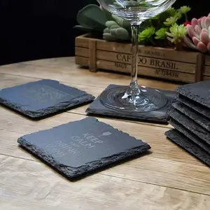 Wholesale Black Square Slate Coasters Set With Bamboo For Drinks And Home Decor