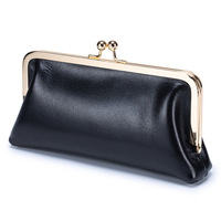 Tas Clutch Multi-Fungsi Kulit Asli Retro Wanita Dompet Panjang Gaya Eropa Amerika Sederhana dengan Penutup Kancing Organizer