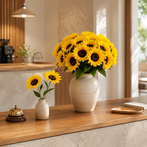 Fleur artificielle <span class=keywords><strong>de</strong></span> tournesol en <span class=keywords><strong>soie</strong></span> <span class=keywords><strong>de</strong></span> 41 cm, tige unique avec feuilles, pour mariage, fête, décoration <span class=keywords><strong>de</strong></span> table, décoration intérieure, vente en gros - Product Image 4