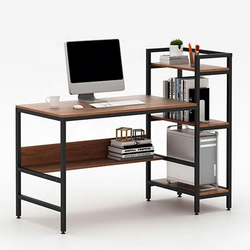 Furnitur Kantor Modern Meja Komputer Warna Cokelat dengan Rak 4 Tingkat, Meja Belajar Menulis Bingkai Logam Stasiun Kerja Kaki