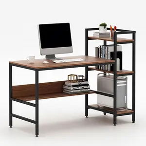 现代办公家具木质书桌棕色电脑桌，带4层搁板，书写学习桌金属框架腿工作站