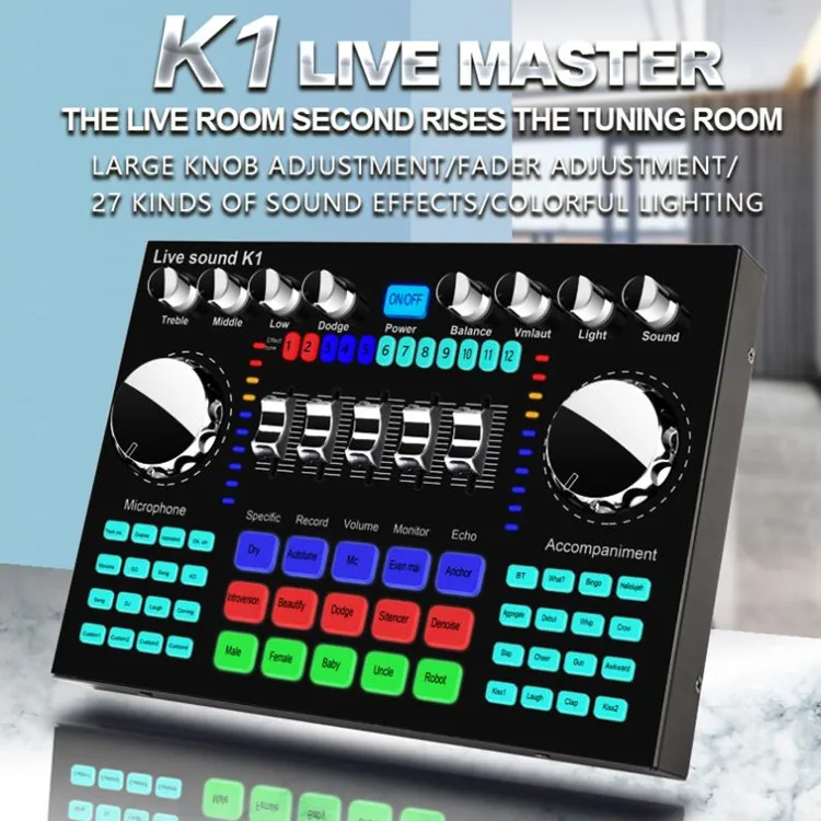 K1 Live Sound Card with Effects Voice Changer Audio Mixer for Live Broadcast Mic