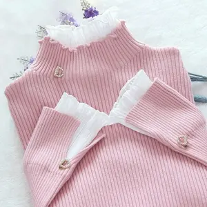 韩版拼布保暖毛衣女优雅长袖修身高领针织粉色上衣别致褶边套头衫假两件