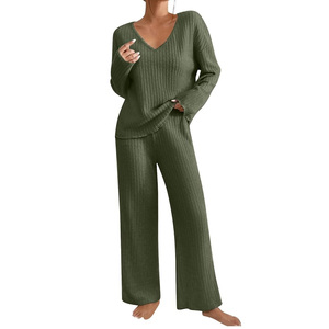 Conjunto de Dos Piezas para Mujer con Estampado de Rayas, Atuendo Casual de Otoño, Top de Manga Larga a Rayas, Pantalones Anchos Holgados, Ropa de Vacaciones - Product Image 1