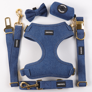 Printed Mesh Denim Collar Cowboy Jean <b>Dog</b> Custom Personalized Logo Pet <b>Leash</b> and Harness Set - Product Image 5