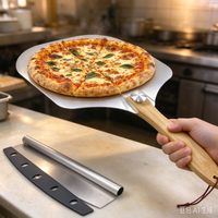 Ensemble pelle à pizza et coupe-pizza antiadhésif à manche en bois, lame courbée avec protection