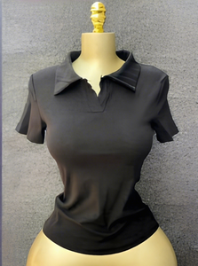 Camiseta de Manga Corta con Cuello Polo para Mujer, Tejida en Algodón, Color Sólido, Transpirable, Estilo Preppy, Corte Ajustado, para Primavera/Verano - Product Image 3