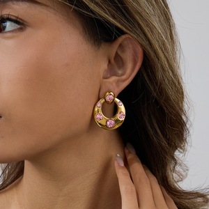 Pendientes de Aro de Acero Inoxidable con Oro de 18K y Circonitas, Diseño Geométrico Estilo Manija de Puerta, Joyería para Fiesta - Product Image 2