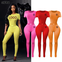 Setelan Atasan Rajut Ribbed Lengan Pendek dan Celana Wanita Logo Kustom Warna Solid Slim Fit Loungewear Katun Spandex Musim Gugur 2026
