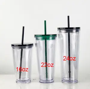 双壁定制亚克力可重复使用塑料不倒翁杯散装波巴冰咖啡泥杯批发，带盖和吸管