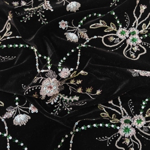Tissu en <span class=keywords><strong>velours</strong></span> <span class=keywords><strong>noir</strong></span> A920 avec broderie florale perlée or et argent, matière de <span class=keywords><strong>velours</strong></span> pour robe de soirée de luxe richement perlée - Product Image 2