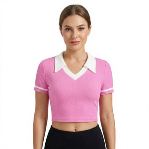 เสื้อโปโลแขนสั้นถักสำหรับผู้หญิง สไตล์พรีปปี้ สีพื้น คอวี ทรงครอป - Product Image 1