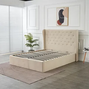 Mooi Ontwerp Knopen Getuft Bekleding Bed Beige Fluwelen Queen King Size Hydraulische Gas Lift Opbergbed