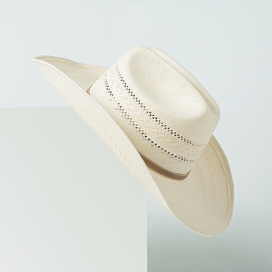 <span class=keywords><strong>Sombrero</strong></span> <span class=keywords><strong>de</strong></span> <span class=keywords><strong>Vaquero</strong></span> Occidental Personalizado Vintage <span class=keywords><strong>de</strong></span> Paja Bangora Marrón con <span class=keywords><strong>Frente</strong></span> Plegado y Diseño Trenzado, Estilo Cattleman, Color Marfil - Product Image 3