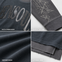 T-shirt à manches longues épais et superposés pour hommes, personnalisé par les fabricants, avec broderie de patchs et lavage à l'acide, col ras du cou gaufré