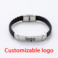 Bracelets en acier inoxydable personnalisés avec logo, bracelets en cuir PU noir vintage tressés, bracelet polyvalent tendance pour hommes