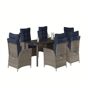 Set da pranzo da giardino in rattan blu navy e grigio, 6 posti, mobili da esterno resistenti alle intemperie, design contemporaneo - Product Image 1