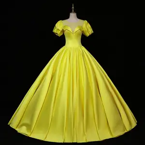beautiful yellow puffy fashions satin sweetheart sleeveless off-shoulder prom dress