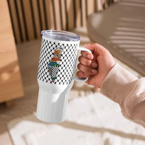 Cadeau du Moyen-Orient, tasse personnalisée de voyage avec poignée, carte palestinienne colorée, tasse à café arabe Kufiya - Product Image 1