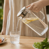 Carafe en verre borosilicate écologique de 1,5 L avec couvercle en acier inoxydable et poignée en verre, résistante à la chaleur, pour boissons chaudes/froides et thé glacé