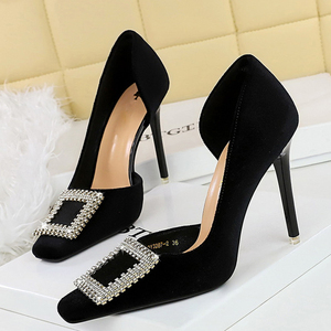 Women Square Diamonds <b>Decor</b> on <b>Shoes</b> High Heels Sandals Dress Office Ladies Suede Side Cut Out Pumps - Product Image 6