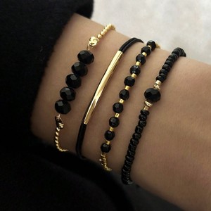 4 Uds. De cuerda negra apilable Bohemia ajustable chapado en oro con cuentas de arroz, pulsera elástica, conjunto de pulsera, regalo de verano para mujer - Product Image 4